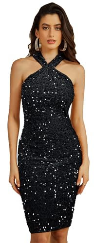 Damen Glitzer Kleid Knielang Ärmellos Bodycon Cocktailkleid Pailletten Kleid Festlich Partykleid Schwarz XL