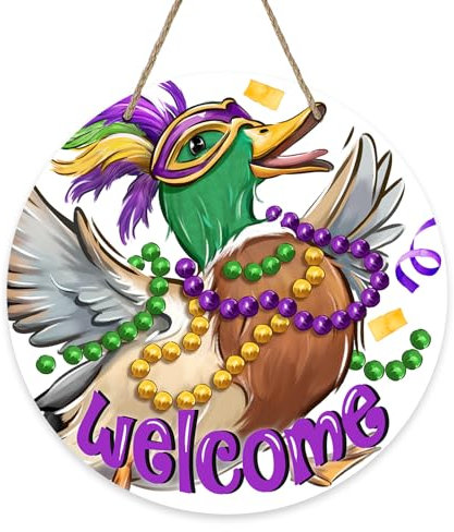Deroro Welcome Mardi Gras Mallard Duck Front Door Sign, Mask Beads New Orleans Carnival Wood Door Hanger Outdoor Outside Porch Decor, Masquerade Wooden Wreath Indoor Wall Hanging Decoration