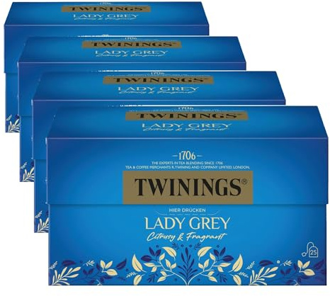 Twinings Lady Grey - Schwarzer Tee im Teebeutel als reichhaltige Mischung chinesischer Schwarztee Teesorten mit Orangen- und Zitronenschale, vollendet mit Bergamotte-Aroma, 50 g (Packung mit 4)
