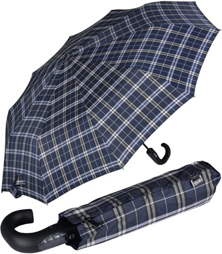 iX-brella Herren Taschenschirm Auf-Zu-Automatik Rundhakengriff Carbonoptik Check blue