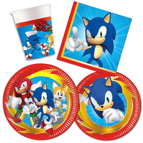 Decoraparty Juego de vajilla de mesa para 8 personas, adornos decorativos para fiestas de cumpleaños, 8 platos grandes, 8 platos pequeños, 20 servilletas, 8 vasos, The Hedgehog, Blue Blur (44 piezas)