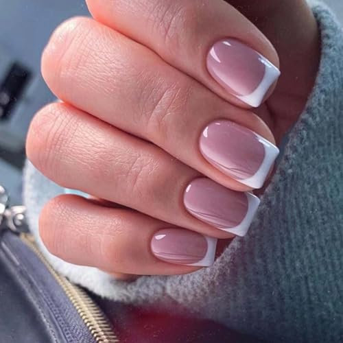 24PCS Short False Nails - French Tip False Nails - Square Pink Nails French Tip with Nail Glue - Glossy Full Cover Stick on Nail DIY Nail Art Press on Nails Gifts for Women Girls