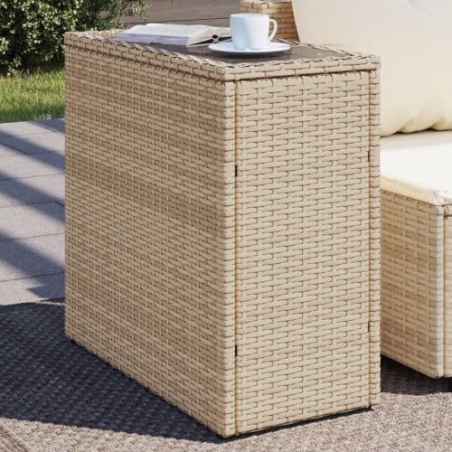 Garten-Beistelltisch, gartentisch terrassentisch gartenmöbel dining table balkontisch wetterfest outdoor tisch Geeignet für lounge indoor Terrace Balcony Glasplatte Beige 58x27,5x55 cm Poly Rattan