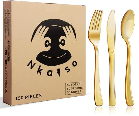 Nkaiso 150 Piezas Vajilla de fiesta, Juego de Cubiertos de Oro Reutilizable, 50 Tenedores, Cuchillos, Cucharas, Cubiertos de Fiesta, Adecuado Para Fiestas Campamentos Barbacoas