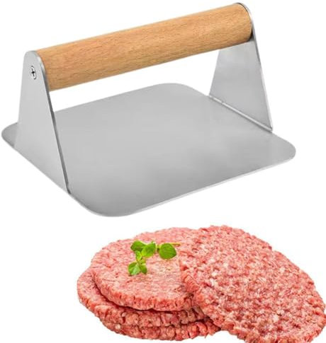 Presse à hamburger en acier inoxydable avec poignée en bois, antiadhésive et lisse, pour la cuisson des hamburgers, du bacon, du bœuf haché, de la viande, des saucisses