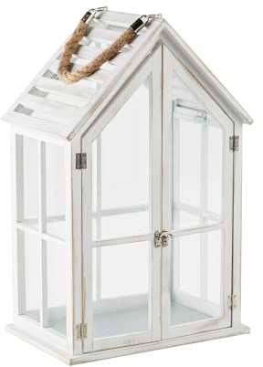 home&you - Laterne Homesi, Gartenlaterne, Windlicht Haus, Holzlaterne mit Glaseinsätzen, Deko Garten Balkon, Wetterfest, 51.5 x 21.5 x 32 cm, Holz Metall Glas - Weiß