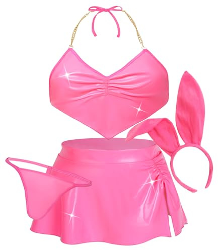 Ausing Sexy Bunny Kostüme für Damen Cosplay Dessous Anime Frauen Leder Bikini Rave Maid Outfit Latex BH Mini Rock Set SML