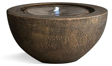 XBrand 19.8 W Round Sphere Water Fountain Indoor Outdoor with LED Light, Polyresin Bubbler Feature for Patio Garden Yard Home Décor, Bronze