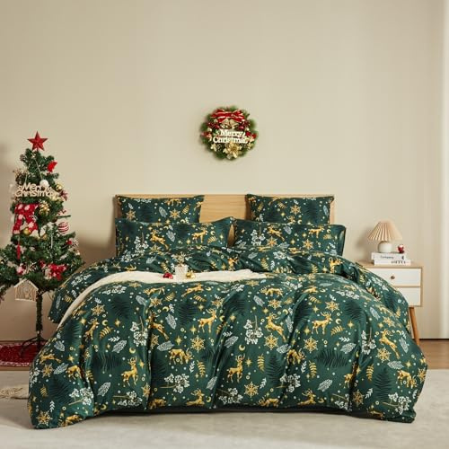 Luowei Weihnachts Bettwäsche 135x200 cm Winter Festlich 2-teilig, Grün | Winterliches Rentiermuster Design, Weich & Gemütlich für Weihnachtszeit mit Reißverschluss und Kissenbezug 80x80 cm