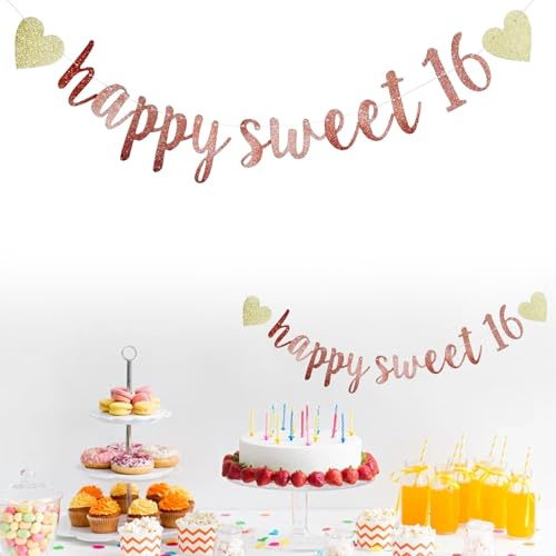 Deko 16 Geburtstag Mädchen Rosa,Happy Sweet 16 Deko Mädchen,Banner für 16. Geburtstag mädchen,Glitzerndes Sweet Sixteen Partyschild,happy Sweet Sixteen Geburtstagsbanner,happy Birthday Girlande Banner
