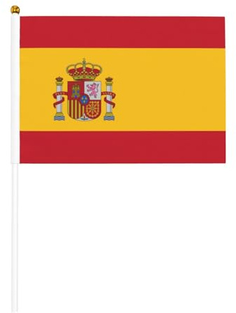 Mini bandiera della Spagna con asta solida bianca, colori vivaci e resistente allo sbiadimento, bandiere tenute in mano con lancia