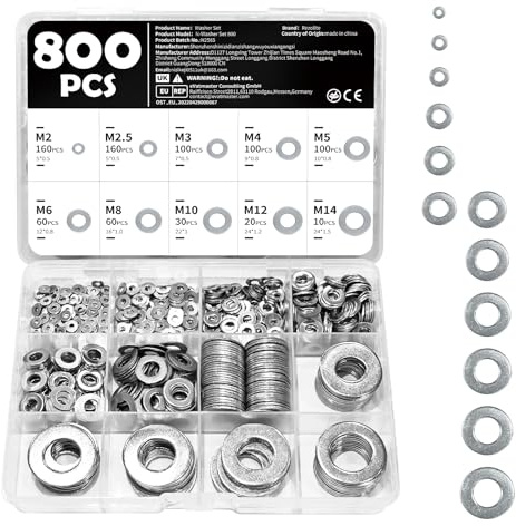 800 Pcs Washers for Screws, 10 Sizes of Stainless Steel Flat Washers Set | Including M2, M2.5, M3, M4, M5, M6, M8, M10, M12, and M14, Suitable for DIY Home Repair Construction