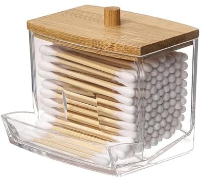 Acryl Ohrenstäbchen Aufbewahrung,Wattestäbchen Spender,Ohrstäbchen Behälter | Wattestäbchen Behälter,Ohrenstäbchen Aufbewahrung mit Bambus Deckel,für Schlafzimmer,Badezimmer,Waschbecken
