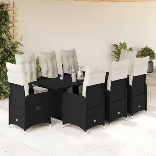 Tonture 9-TLG. Garten-Bistro-Set mit Kissen, Schwarz Poly Rattan, Verstellbare Stühle, Glastisch, UV-beständig, für Balkon & Terrasse