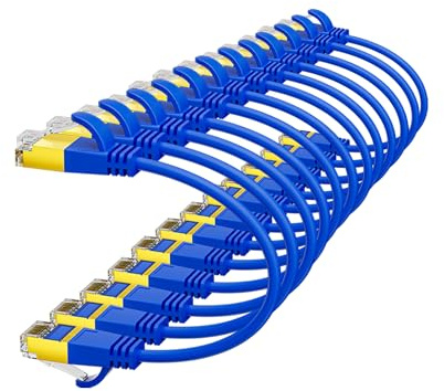 Werkybay 25cm Câble Ethernet Cat7 Ultra Fin/Slim de OD:3,8mm (Bleu, 12 Pièces), 10Gbps Câble Réseau Court, Cable Patch RJ45 en Cuivre, Cable LAN de 0,25m pour Serveurs, Modem, Routeur etc