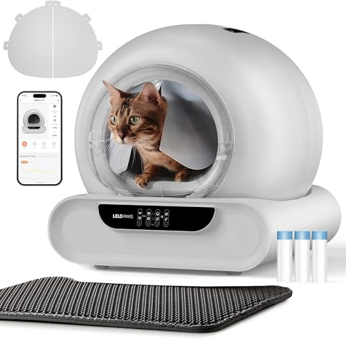 LELO PAWS Selbstreinigende Katzentoilette, 74L Katzenklo Selbstreinigend mit Türvorhang, Müllbeutel, Matte, APP Steuerung, Desodorieren, Sicher, Elektrisches Katzenklo XXL für Mehrere Katzen, Gray