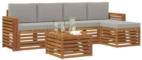 vidaXL Sofagarnituren 6 pcs Natürlich und Hellgrau Massivholz Akazie, Moderner Garten-Sofa, haltbare Terrasse Sitzgelegenheiten, bequemes Lounge-Möbel für draußen
