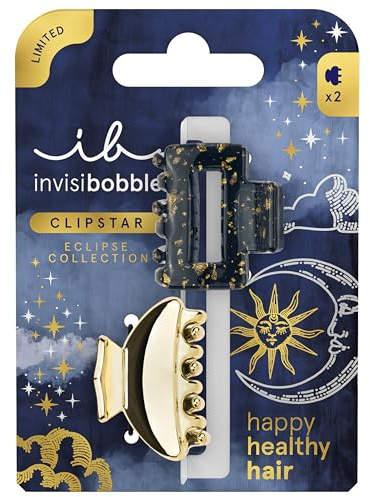 invisibobble Haarklammer Klein Damen (2x) Gold – Kleine Haarspange Schwarz elegant für feines Haar – Clipstar Eclipse Lunar Glam himmlisch – Hair Claws Statement Haarschmuck Anlass Größe S