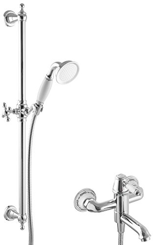 PaulGurkes Nostalgie Duschset für Badewannen Einhandmischer Retro Landhausstil Antik Duschsystem für Badewanne mit Duschstange Duschkopf Keramik Wannenfüllarmatur