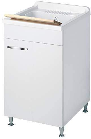 Negrari Classica Lavatoio Montato 45x60 L45 P60 H85 cm Bianco Mobile Legno Vasca Polipropilene Asse Pino Verniciato Piedini Regolabili Cerniere Anta Rallentata Sportello Arrotondato Maniglia Cromate