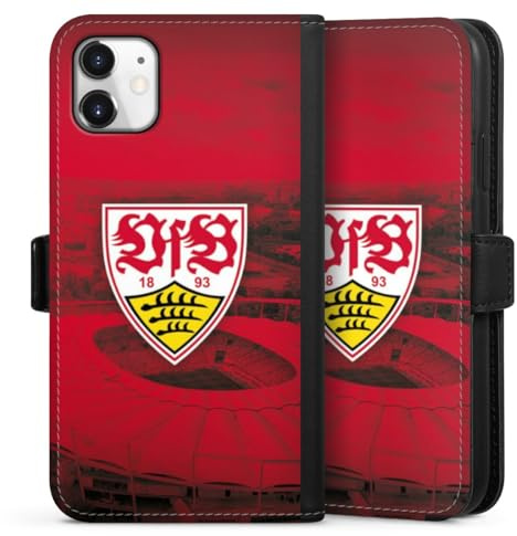 Klapphülle kompatibel mit Apple iPhone 11 Handyhülle aus Kunst Leder schwarz Flip Case VfB Stuttgart Stadion Offizielles Lizenzprodukt