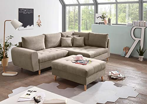 Froschkönig24 Alice Ecksofa inkl. Hocker 249x175 cm Couch Eckcouch Sofa Sand (Beige)