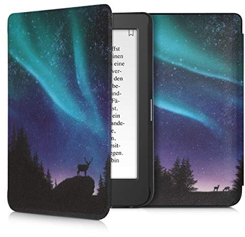kwmobile Klapphülle kompatibel mit Tolino Page 2 Hülle - eReader Case - Polarlicht Hirsche Türkis Blau Schwarz