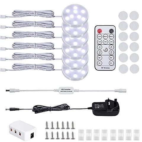 LABOREDUCER Under Cabinet Light Kitchen Kit,Dimmable Display Cabinet Lighting Cupboard Lights with Remote Control,6 Pack Puck Lights Under Cabinet Kitchen Lighting for Closet,Counter,Shelf,Wardrobe
