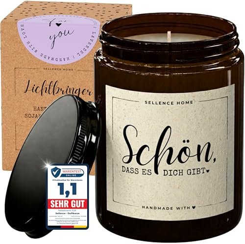 LICHTBRINGER Duftkerze Schön, dass es dich gibt, Geschenke für Frauen, 70 h | Dankeschön Geschenke für Kollegin, Erzieherin, Freundin, 210 g Sojawachs, Lavendel, Geschenkbox, handgegossen, vegan