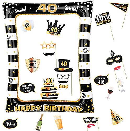 40th Birthday Party Inflatable Frame and Photo Booth Props for Her Him Forty Birthday Gold Black Decorations Family Fun Holiday Party Supplies