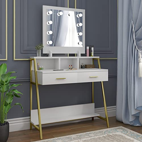 WOLTU Schminktisch mit Beleuchtung, LED Spiegel, Kosmetiktisch mit 2 Schubladen, Ablage Schmuckfach 90x153x40 cm, Schreibtisch Weiß Gold, Metall und Holz, MB6076ws