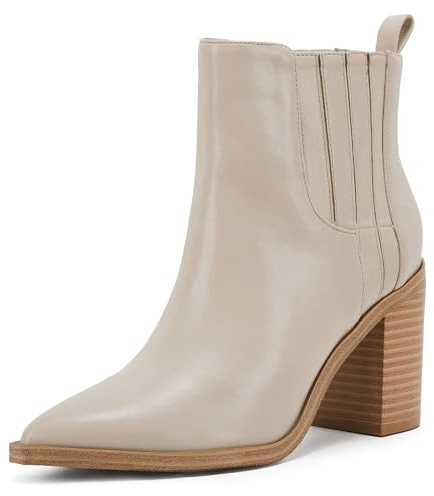 Coutgo Womens Ankle Boots Slip on Pointed Toe Chunky Block Mid Heel Leather Elastic Panel Casual Chelsea Western Booties