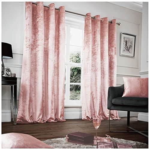 Soft Fully Lined Thermal Insulated Door Curtains | Crushed Velvet Eyelet Ring Top Curtains | Energy-Efficient Drapes For Bedroom & Living Room | Crushed Velvet Curtains 66X90 Inch, Blush Pink