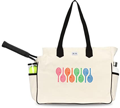 Ame & Lulu Love All Court Bag - Premium Tennis Tote w/Racket Pocket, Water Bottle Holders, Protective Base, & Canvas Design, Rainbow Racquets