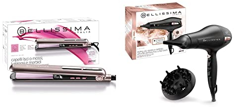 Imetec Bellissima B9 300, Plancha de pelo para peinado liso u ondulado, revestimiento de cerámica + Bellissima My Pro P3 3400 Secador de pelo con motor profesional AC, 2400W, Tecnología de iones