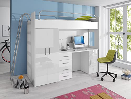 Hochbett TOMI 4D Möbel-Set Schrank und Schreibtisch Bett mit Leiter Kinder-Möbel + Rahmen (Weiß/Weiß)