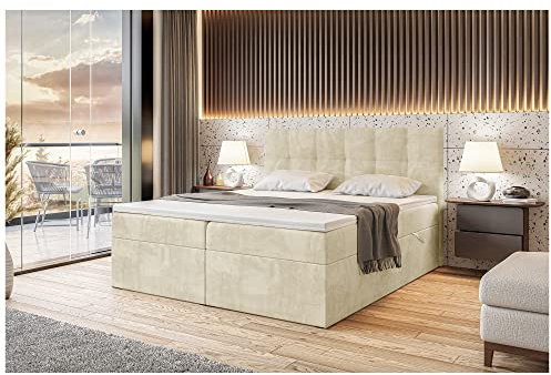 MEBLINI Boxspringbett mit Bettkasten - Gepolstert Doppelbett mit Matratze und Topper - Polsterbett mit Stauraum - Bett mit Kopfteil - Stauraumbett - RACO - 160x200 - H3/Beige Samt