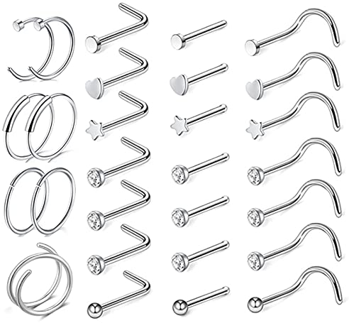 28 Stück Nasenringe Hoop,Kucheed Chirurgenstahl Nasenringe L-Form Nasenstecker Nasenschrauben,20G Nasenbügel Doppelnasenring,Knorpel Helix Ohrringe Hoop Nostril Nose Piercing Schmuck für Frauen Männer