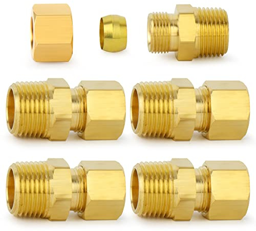 ChillWaves Brass Compression Tube Fitting, 1/2 OD x 1/2 NPT Male Compression Union Connector(5-PACK)