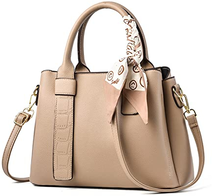 NICOLE & DORIS Damen Handtasche Modern Schultertaschen PU Leder Henkeltasche Elegante Frauen Umhängetasche Satchel Handtasche Shopper Tote Bag mit Seidentuch Khaki