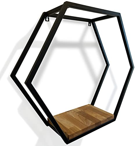 FLEXISTYLE Metall Hexagon Wandregal 60 cm XXL, Schwarz, Europäische Hexagon geometrische Linie Design Wand Eiche Regal mit Holzregalen, für Wohnung, Arbeitszimmer, Schlafzimmer, Wohnzimmer, Flur
