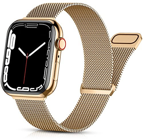 PIOWNN Métal Bracelet Compatible avec Apple Watch bracelet 44mm 42mm 45mm 49mm pour Femme Homme, Maille Acier Inoxydable Bracelet avec pour iWatch/Apple Watch Series 9/8/7/Ultra/6/SE/5/4/3/2/1, Or-1