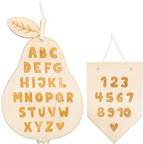 Papierdrachen 2 Holzschilder mit Gravur - Wimpel mit Zahlen von 1-10 und Birne mit dem Alphabet - Geschenk für Erstklässer zum Schulstart - tolle Dekoration für das Kinder- oder Klassenzimmer - Set 1