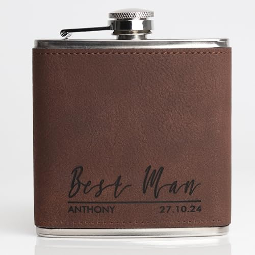 Personalised 6oz Hip Flask Best Man/Groomsman/Usher Wedding Gift Stainless Steel Leather Look Flask with Funnel and Gift Box. All Hand Finished in The UK by UK Brand