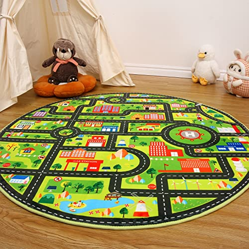 LuxFocus Spielzimmerteppich, Verdickter Rutschfester Kinderteppich, Super Weich und Sicher Kinderteppich Straßenverkehrssystem Flugzeug Straßenteppich Rund Schwarz Straße 120x120cm