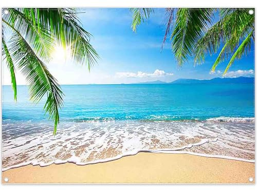 ZTHMOE 2,1 x 1,5 m Stoff Sommer Hawaii Strand Fotografie Hintergrund Tropische Küste Palmen Hintergrund Luau Aloha Babyparty Party Dekoration Banner Photo Booth