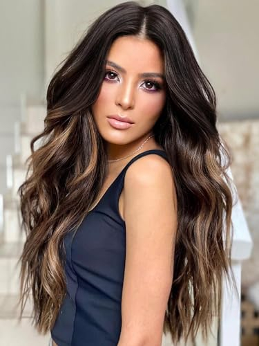 PORSMEER Perücke Damen Dunkelbraun Lang Locken Perrucke Natürliche Perücken für Frauen Cosplay Wig Kostüm Party (Dunkelbraun mit blond)