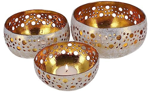GURU SHOP 3er Set Exotisches Kokosnuss Teelicht - Modell 2 Weiß, 9x14x14 cm