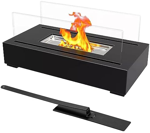 Rectangular Tabletop Fireplace, Bio Ethanol Fireplace, Portable Glass Top Burner Table Top Heater Fire Bowl Pot, Ventless Bioethanol Fireplace for Indoor Outdoor Camping Patio Parties Events (Black)