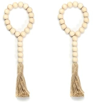 2Pcs 10 inches(26cm) Wood Bead Garland with Tassels,Farmhouse Beads Rustic Country Decor Prayer Boho Beads Wall Hanging Decoration (Nature)